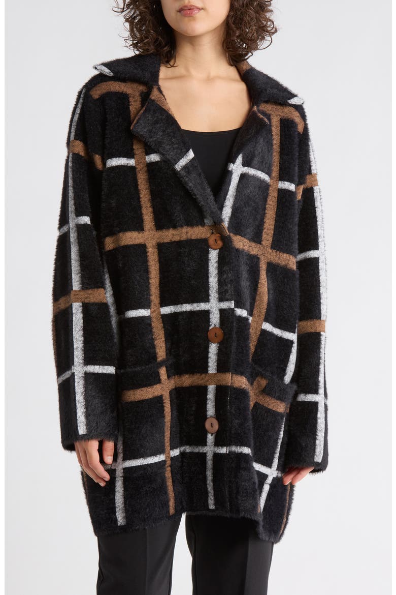Long Sleeve Plaid Coat, Main, color, BLACK/ WHITE/ CAMEL