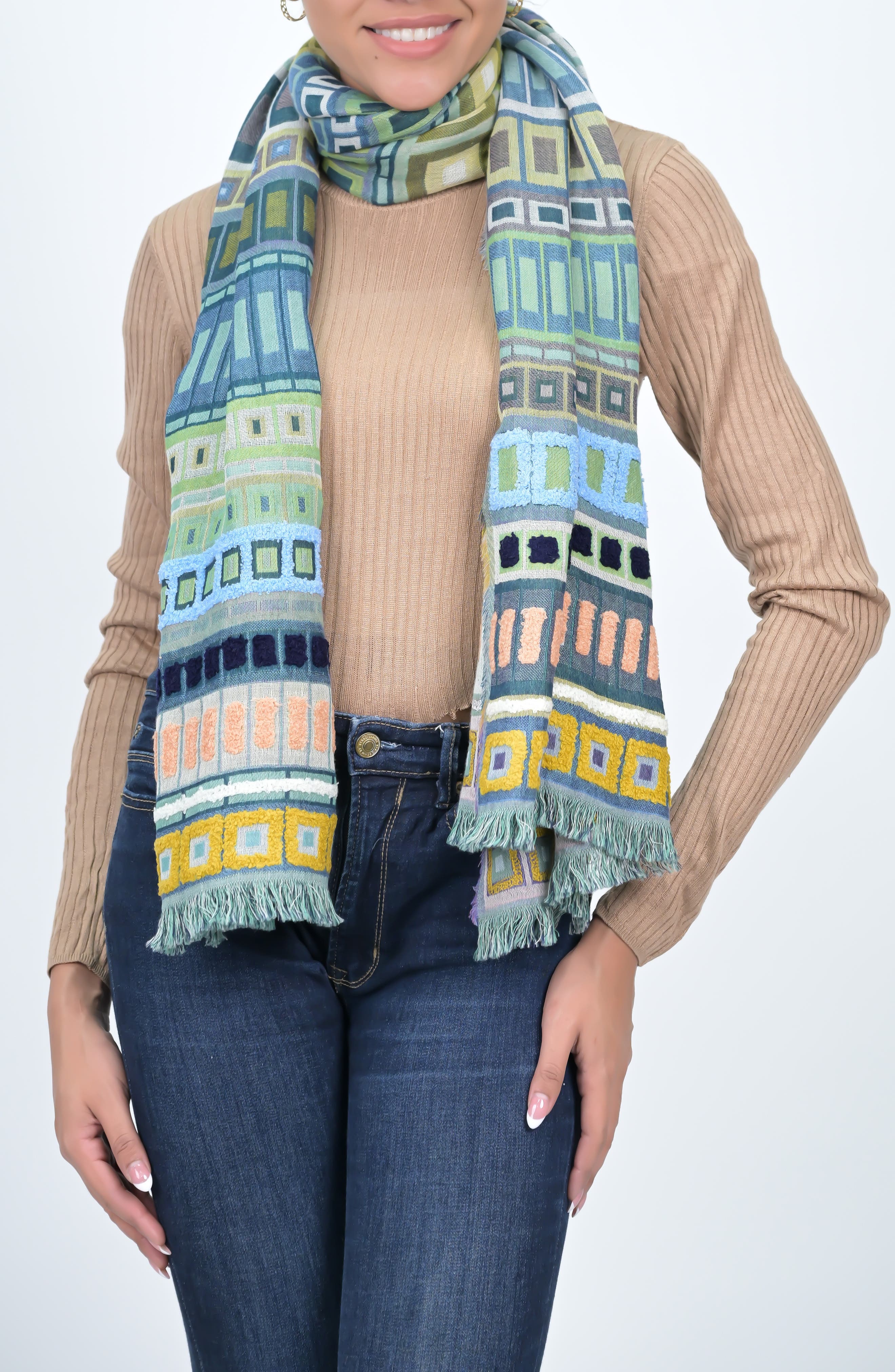 Vismaya Embroidered Cotton & Wool Fringe Scarf