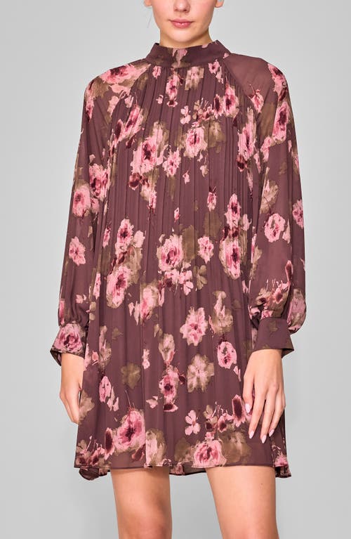 Melloday Floral Print Long Sleeve Minidress In Burgundy
