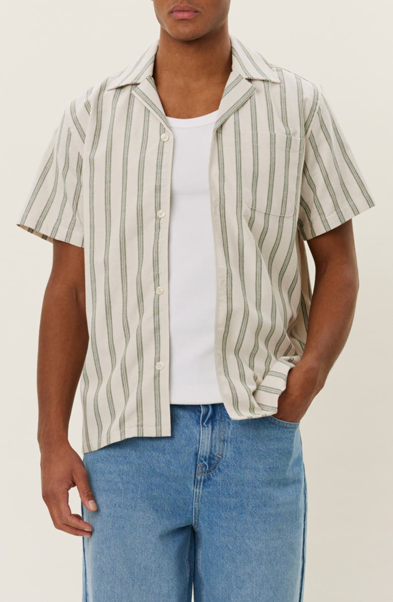 Les Deux Lawson Stripe Camp Shirt, Main, color, Ivory/Chive Green
