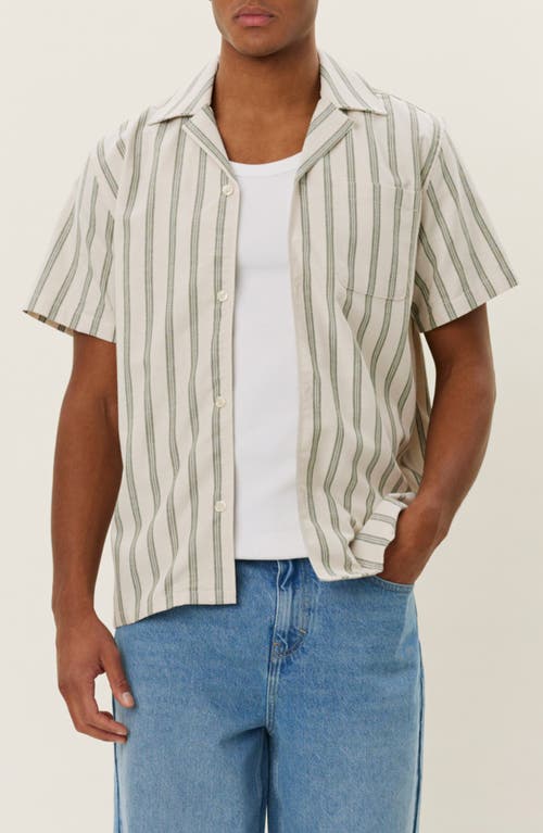 Les Deux Lawson Stripe Camp Shirt In Ivory/chive Green