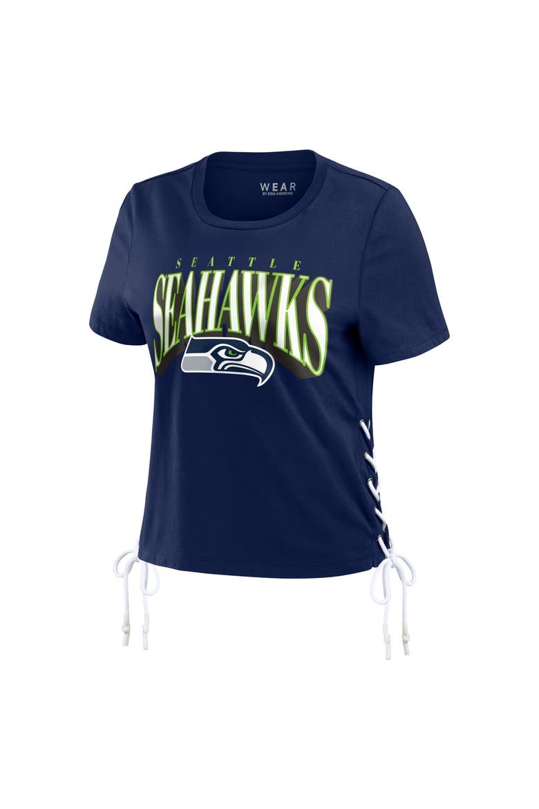 Women's WEAR by Erin Andrews College Navy Seattle Seahawks Lace Up Side Modest Cropped T-Shirt, Alternate, color, Navy