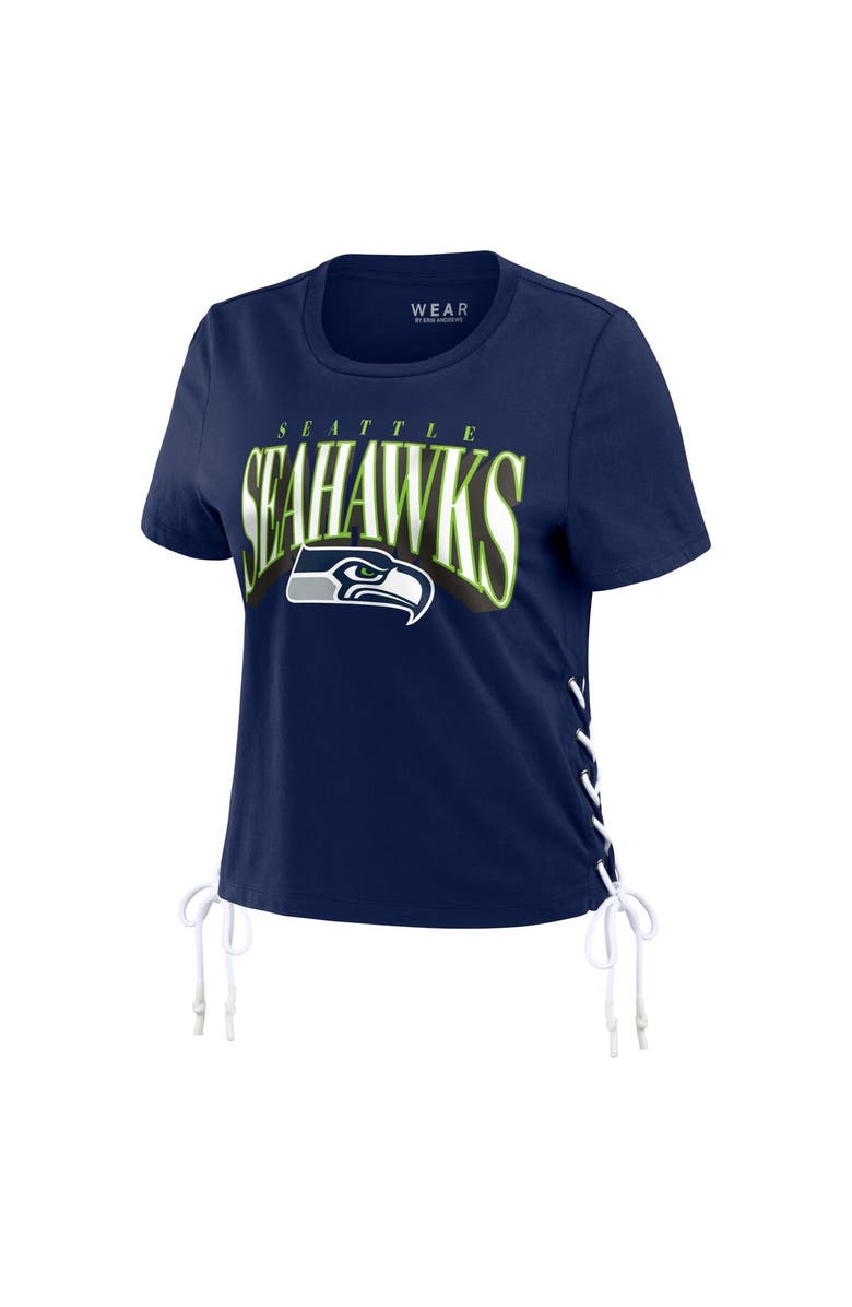 WEAR by Erin Andrews Women's WEAR by Erin Andrews College Navy Seattle Seahawks Lace Up Side Modest Cropped T-Shirt, Alternate, color, Navy