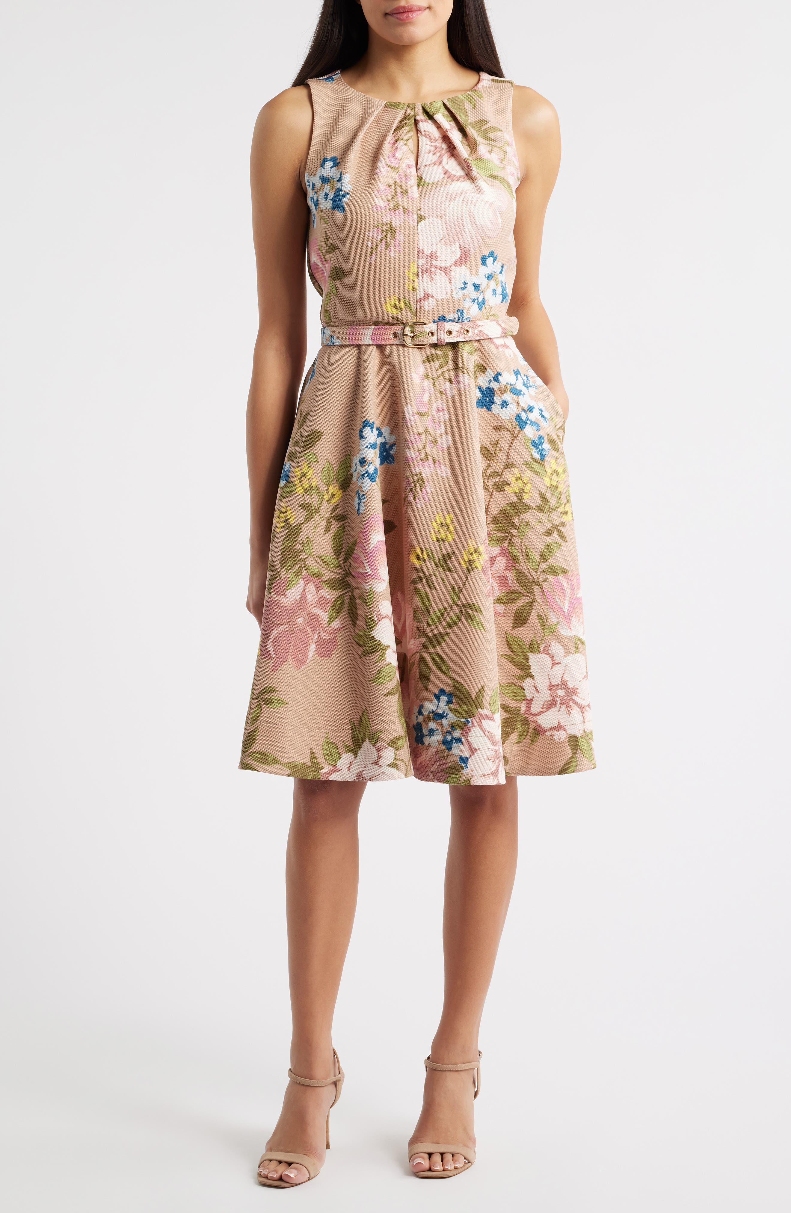 Tahari ASL Floral Pleat Neck Sleeveless Fit & Flare Dress