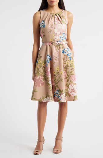 Tahari ASL Floral Pleat Neck Sleeveless Fit & Flare Dress