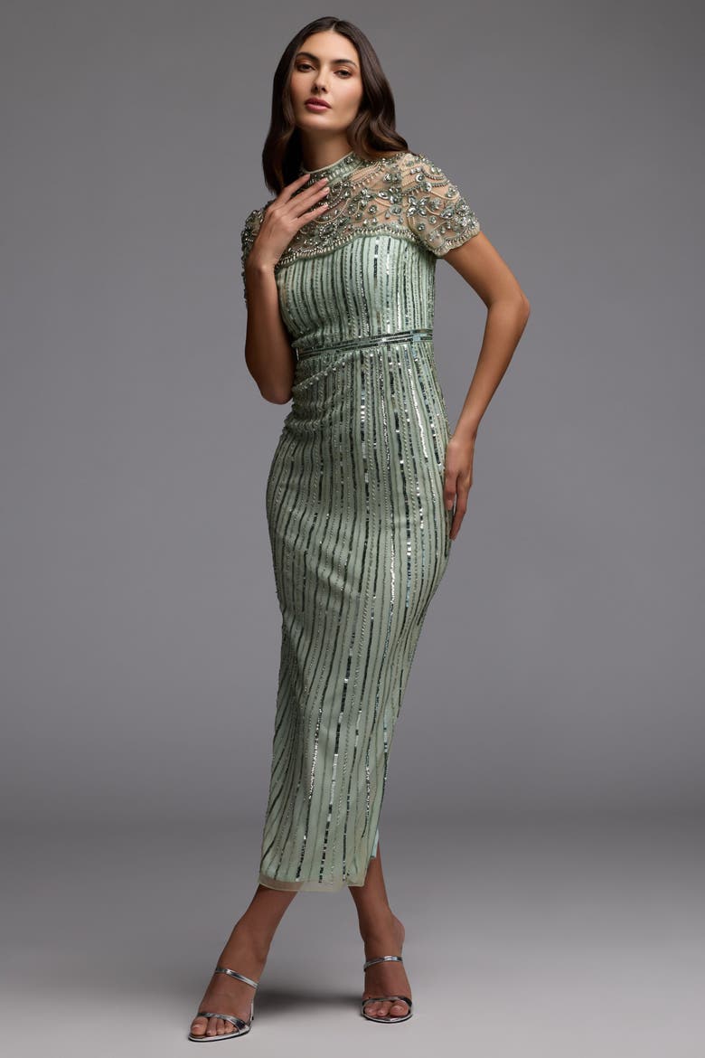 Beaded Mesh Short Sleeve Mock Neck Midi Dress, Alternate, color, Light Sage