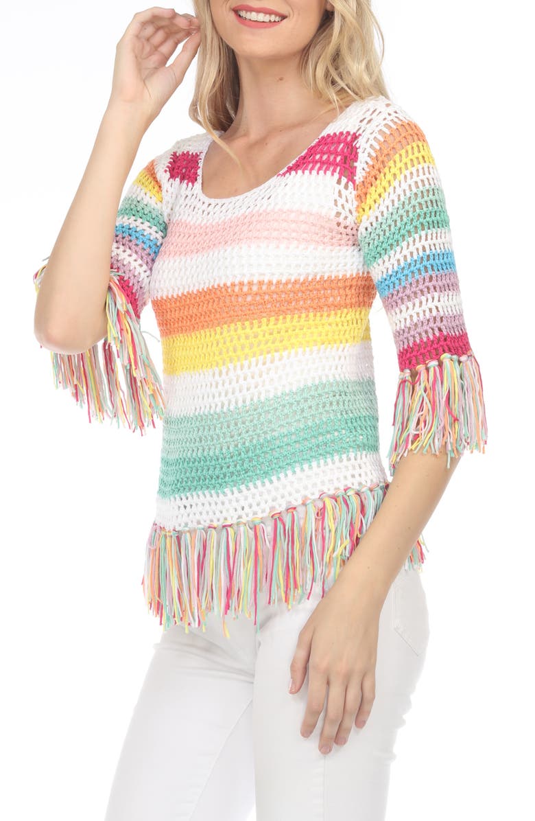 RAIN AND ROSE Three-Quarter Sleeve Rainbow Open Stitch Top, Alternate, color,