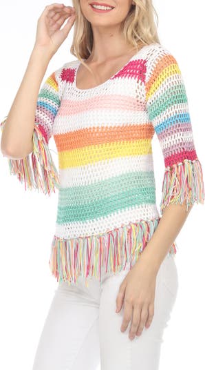 Three-Quarter Sleeve Rainbow Open Stitch Top