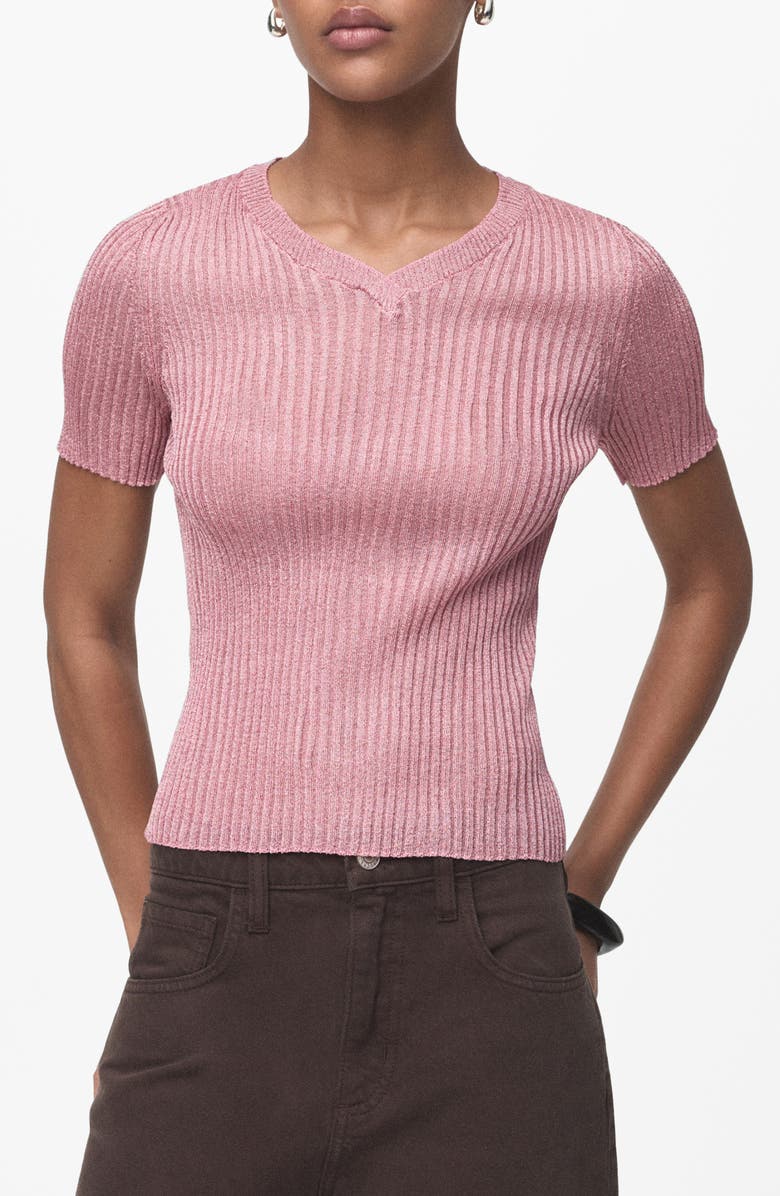 MANGO Metallic Short Sleeve Rib Sweater, Main, color, Pastel Pink