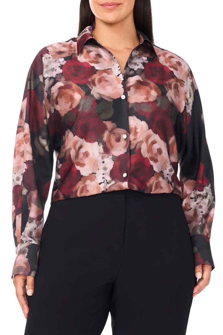 Painted Rose Charmeuse Button-Up Shirt, Main, color, RICH BLACK