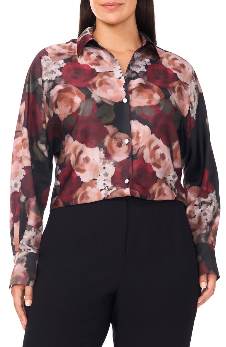 Halogen<sup>®</sup> Painted Rose Charmeuse Button-Up Shirt, Main, color, Rich Black