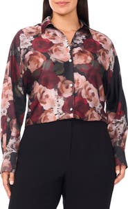 Halogen® Painted Rose Charmeuse Button-Up Shirt