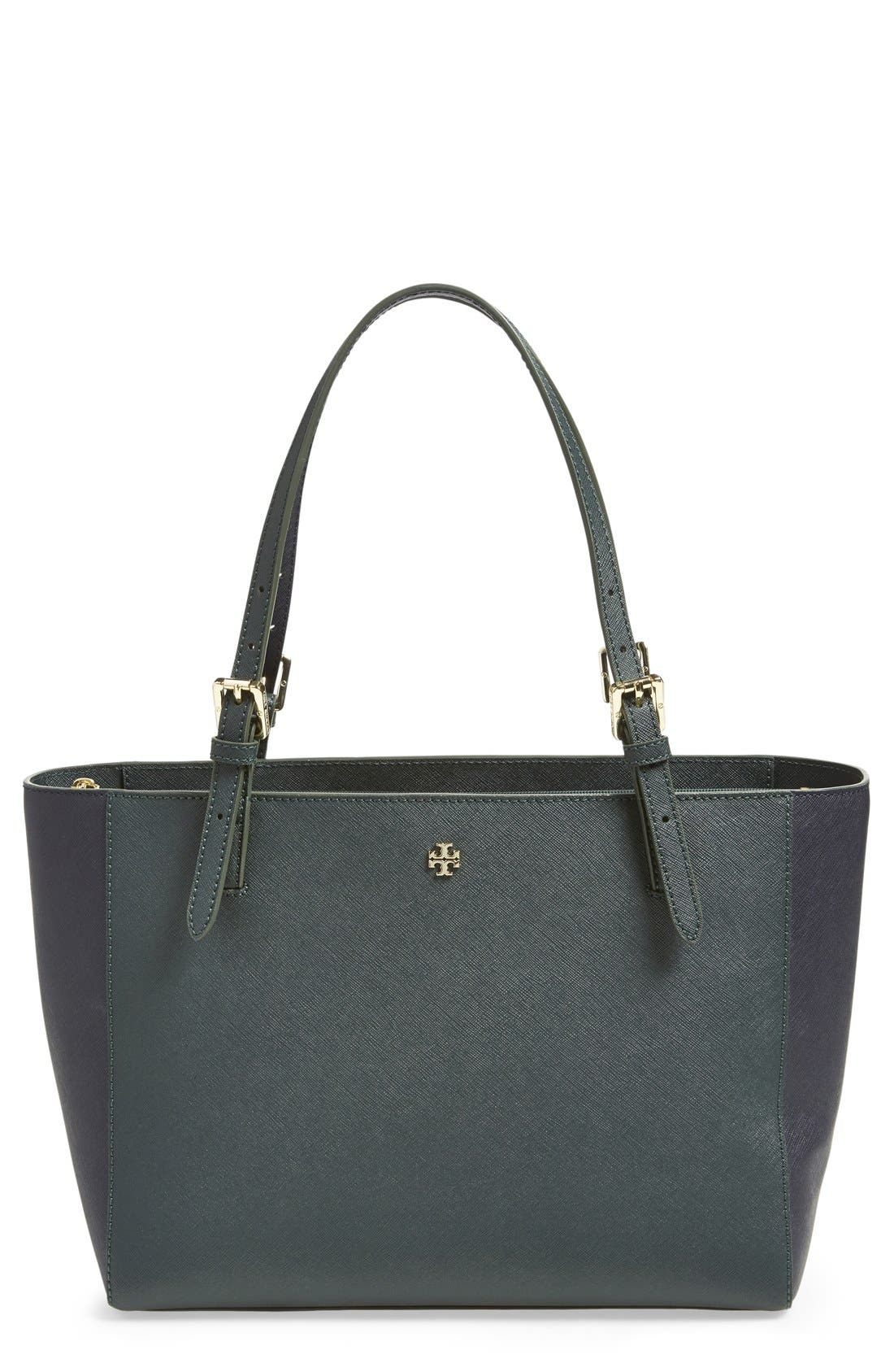 'Small York' Colorblock Buckle Tote, Main, color, JITNEY GREEN/ TORY NAVY