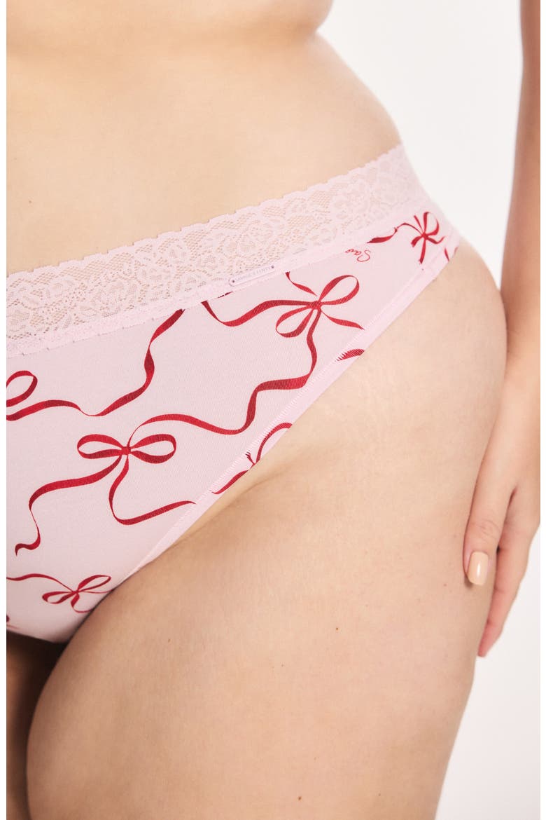 Essentials Lace Trim Stretch Cotton Thong, Alternate, color, PIXIE DUST PURPLE RIBBON WRAP