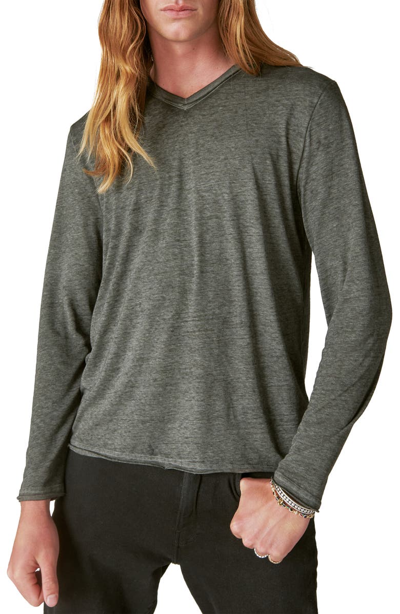 Lucky Brand Venice Burnout V-Neck Long Sleeve Cotton Blend T-Shirt, Main, color, 
