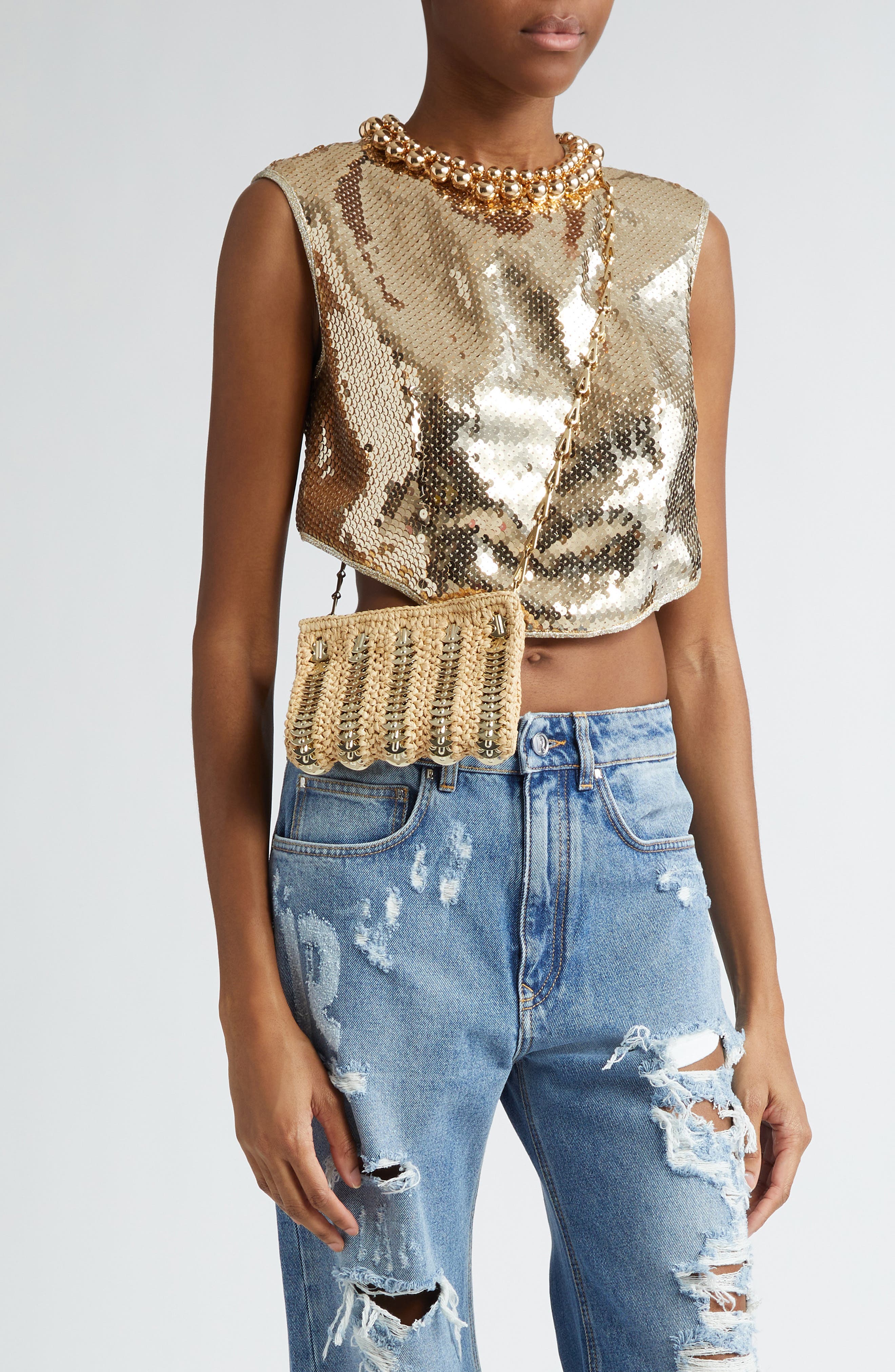 Rabanne Small 1969 Raffia Shoulder Bag, Alternate, color, 