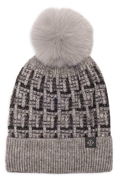Tweed Knit Beanie with Faux Fur Pompom