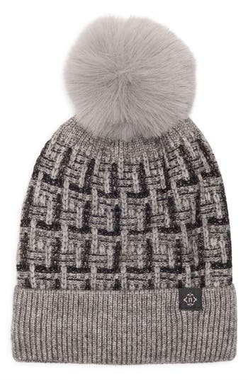Nanette Lepore Tweed Knit Beanie With Faux Fur Pompom In Gray