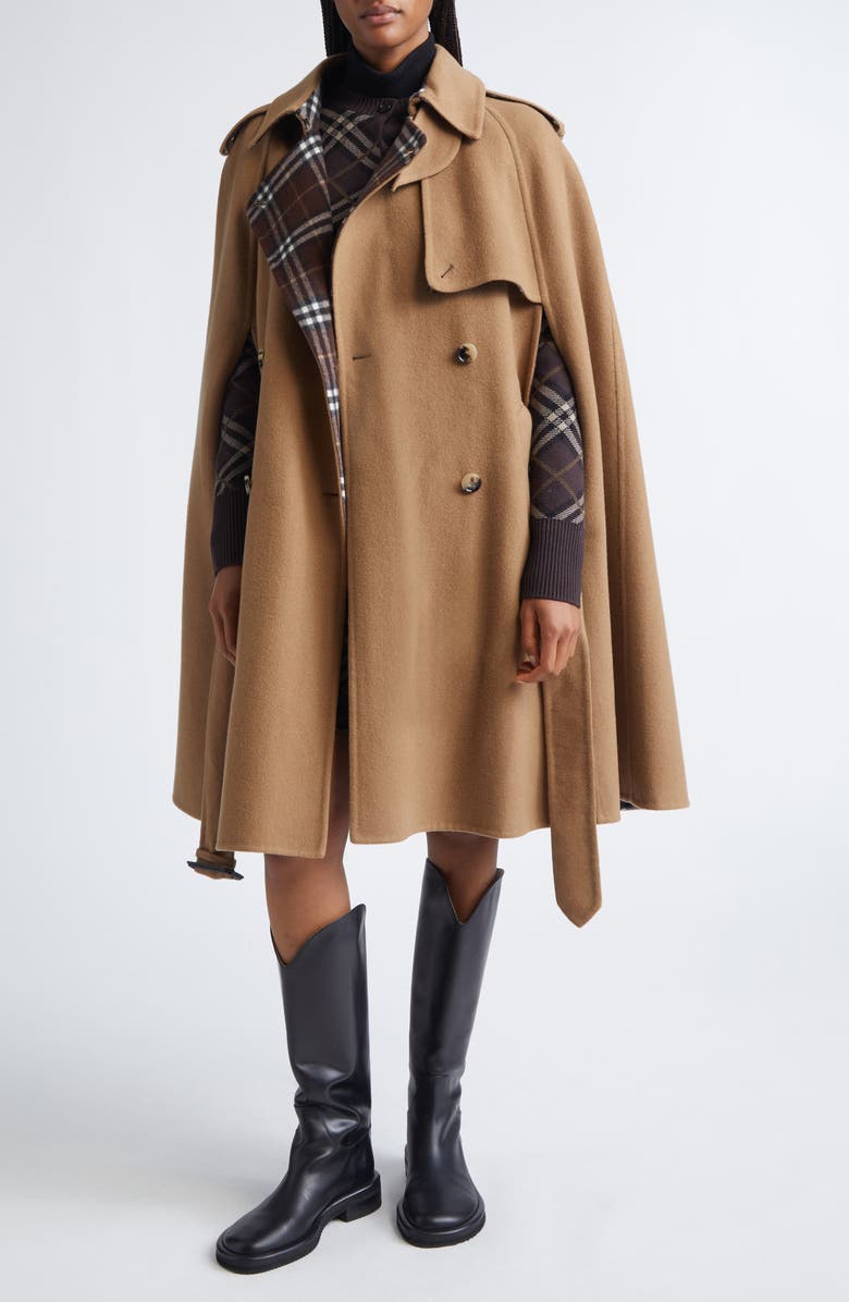 Burberry Bellemont Cape Back Wool Coat, Alternate, color, Camel/ Treacle Brown Check