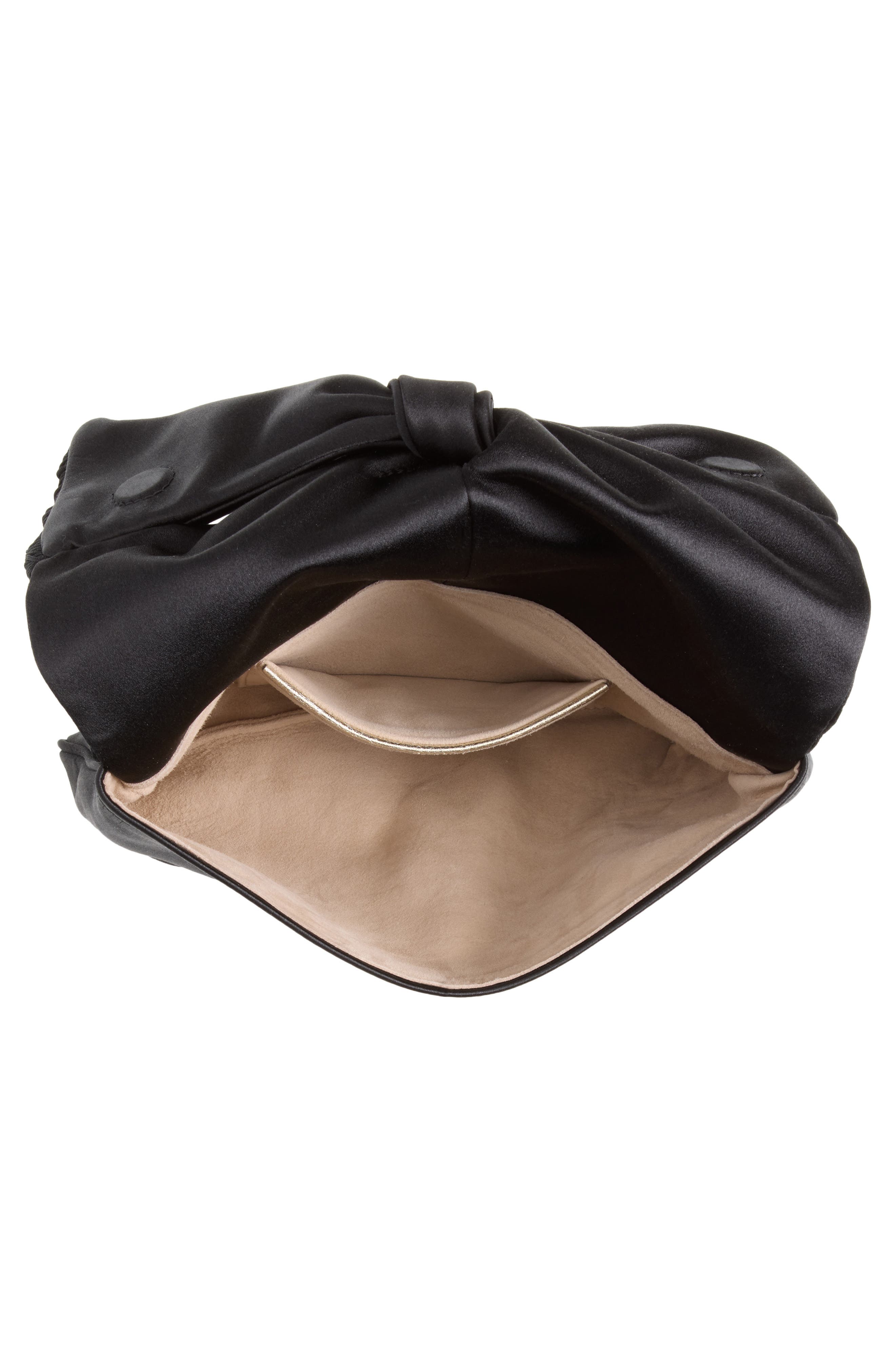 Bow Fringe Satin Clutch, Alternate, color, BLACK