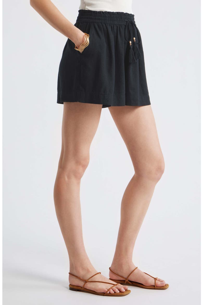 Beaded Tassel Linen Blend Shorts, Alternate, color, BLACK