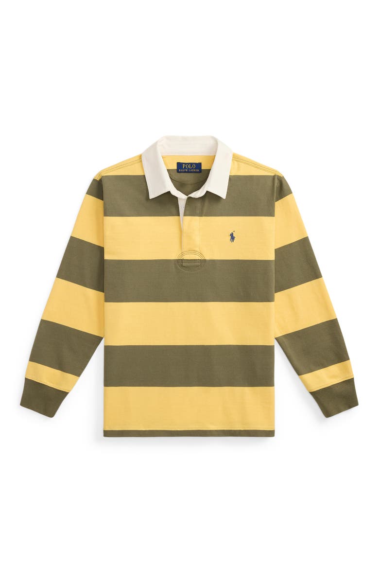 Kids' Striped Long Sleeve Rugby Shirt, Main, color, BEACH YELLOW/ CRUISE OLIVE