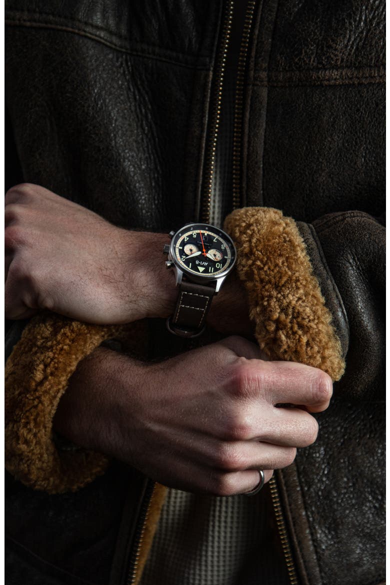 Hawker Hurricane Carey Chronograph Leather Strap Watch, 44mm, Alternate, color, BLACK