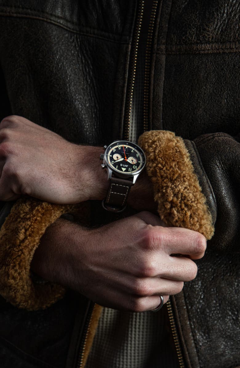 AVI-8 Hawker Hurricane Carey Chronograph Leather Strap Watch, 44mm, Alternate, color, Black