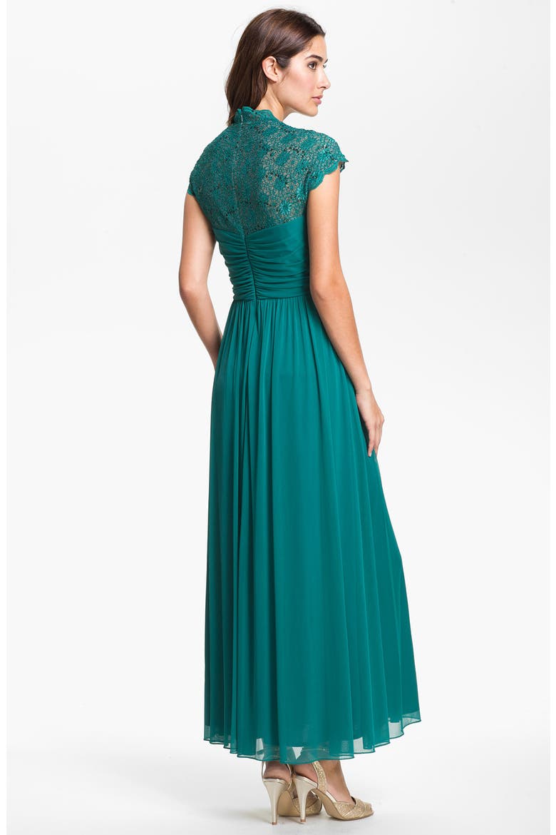 Pleated Lace & Mesh Gown, Alternate, color, EMERALD FROST