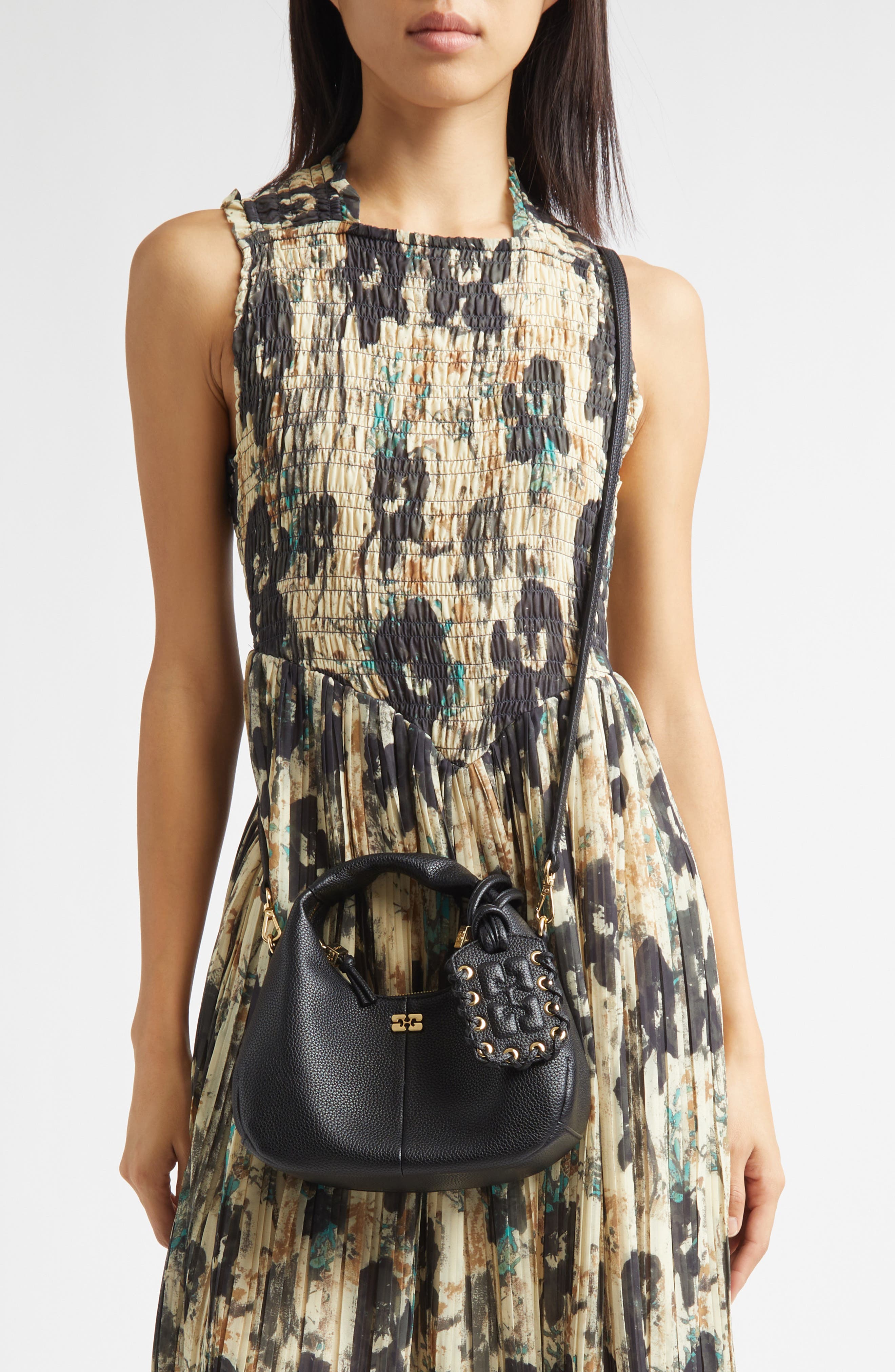 Ganni Mini Hobo Leather Top Handle Bag, Alternate, color, Black