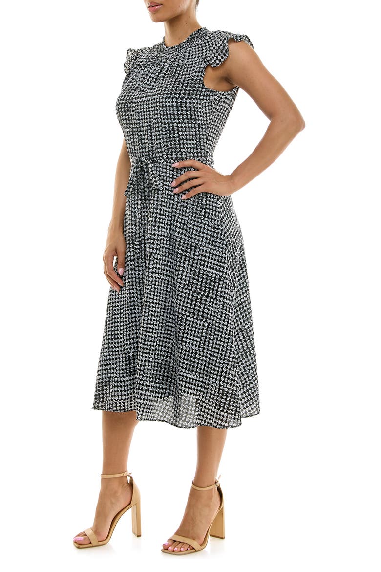 Smock Chiffon Midi Dress, Alternate, color, BLACK/WHITE LAYOUT
