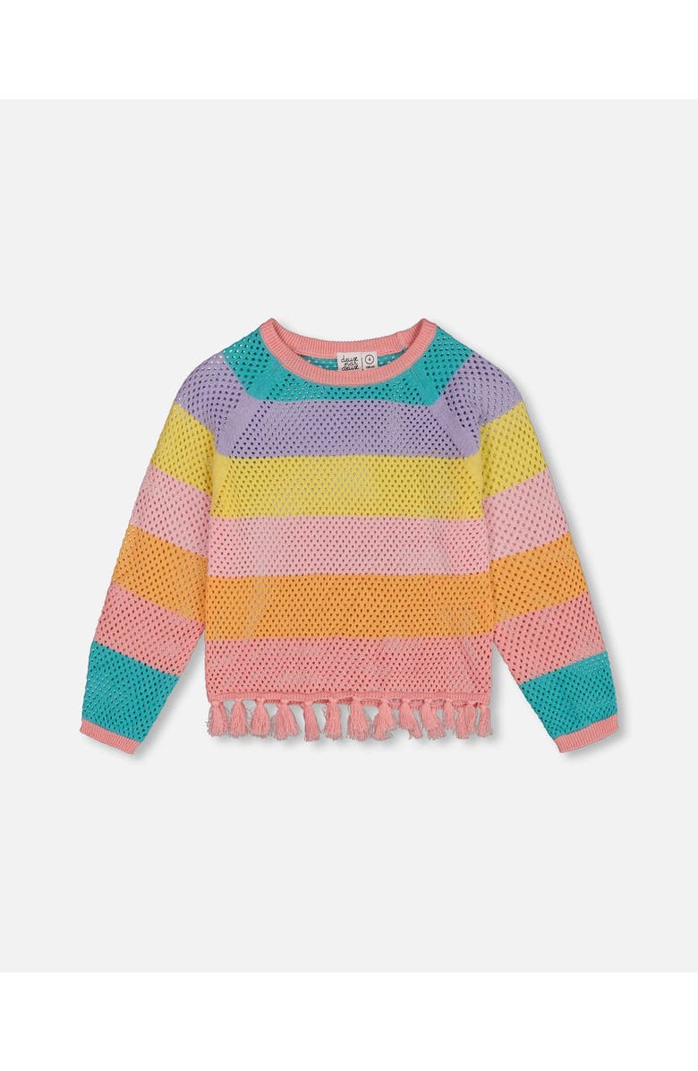 Deux par Deux Little Girl's Cotton Sweater With Fringe Multicolor Stripes, Main, color, 