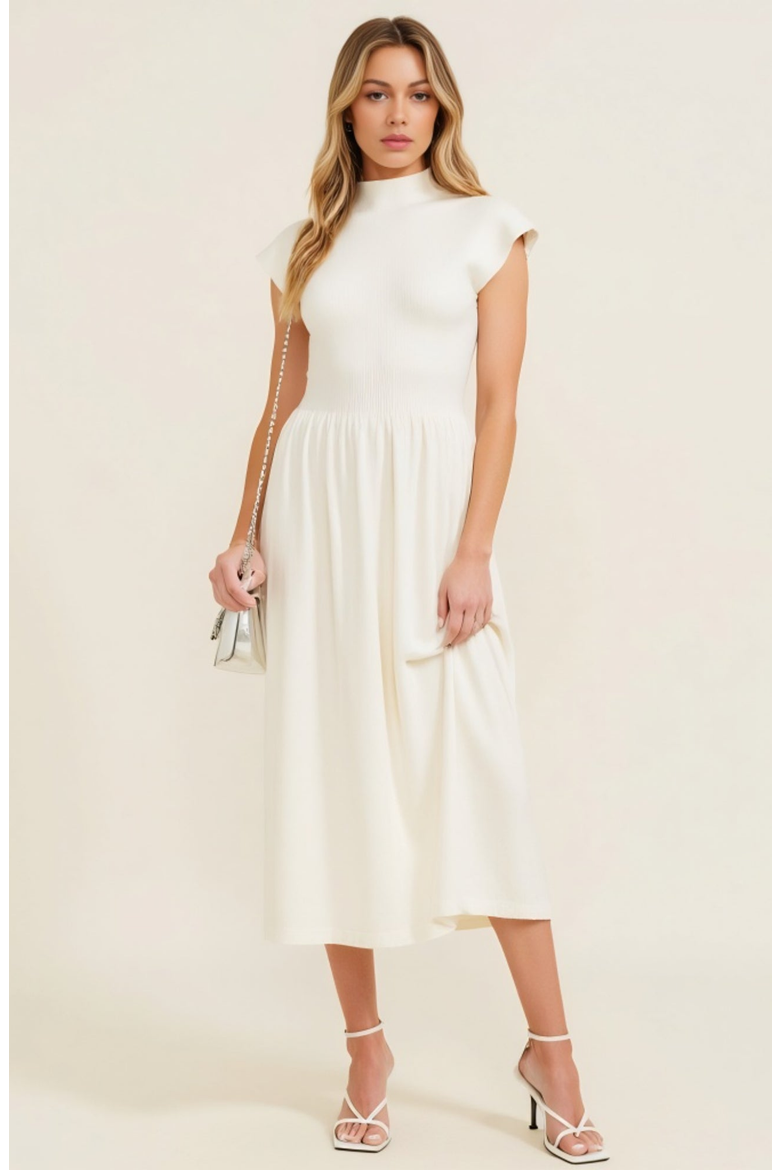 Mock Neck Cap Sleeve Knit Midi Dress with Elastic Waist Detail, Main, color, White