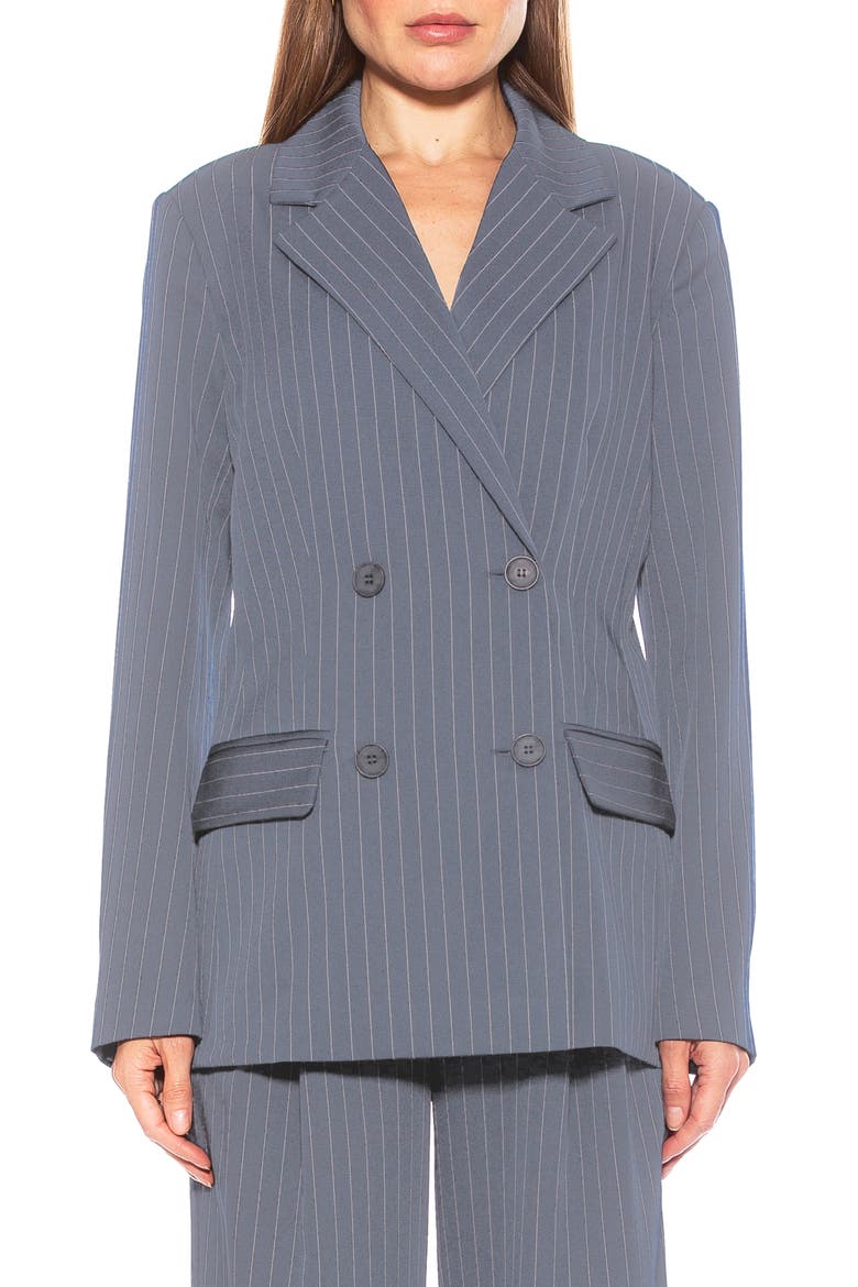 Indigo Oversize Pinstripe Double Breasted Blazer, Main, color, GREY STRIPE