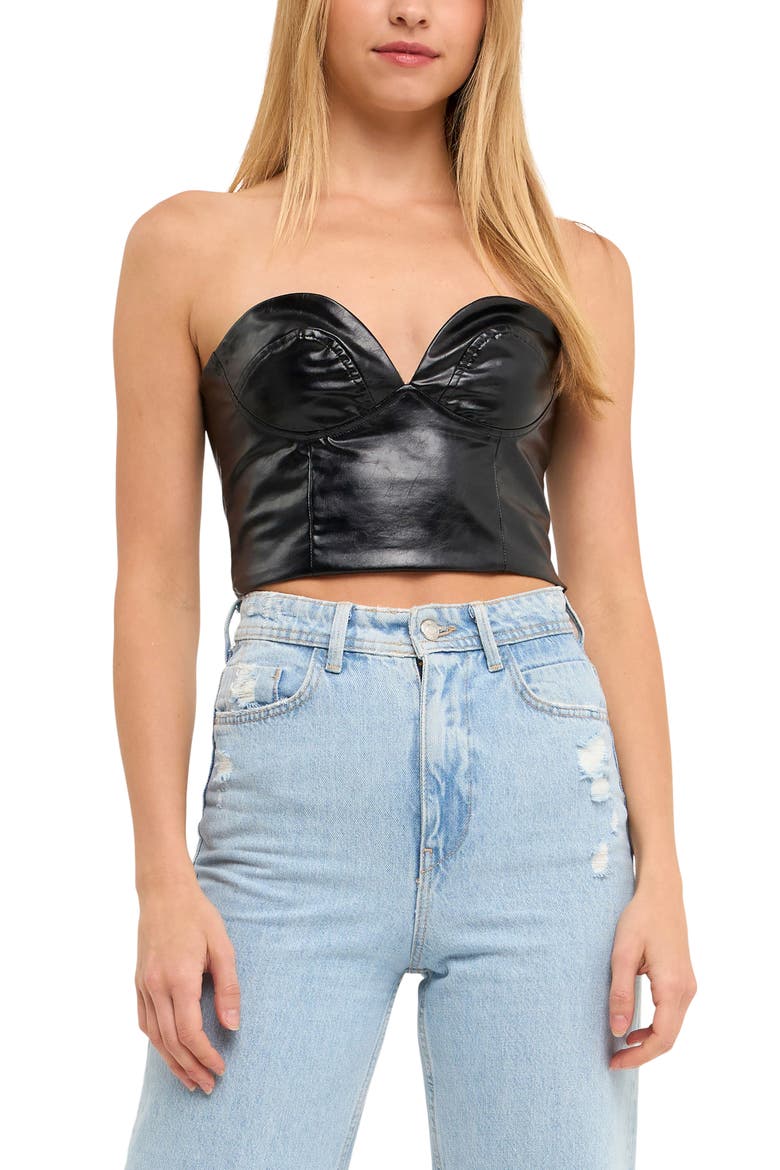 Strapless Faux Leather Bustier Crop Top, Alternate, color, BLACK