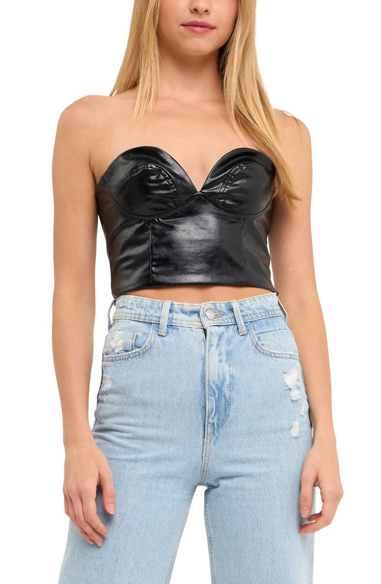 Grey Lab Strapless Faux Leather Bustier Crop Top, Alternate, color, Black