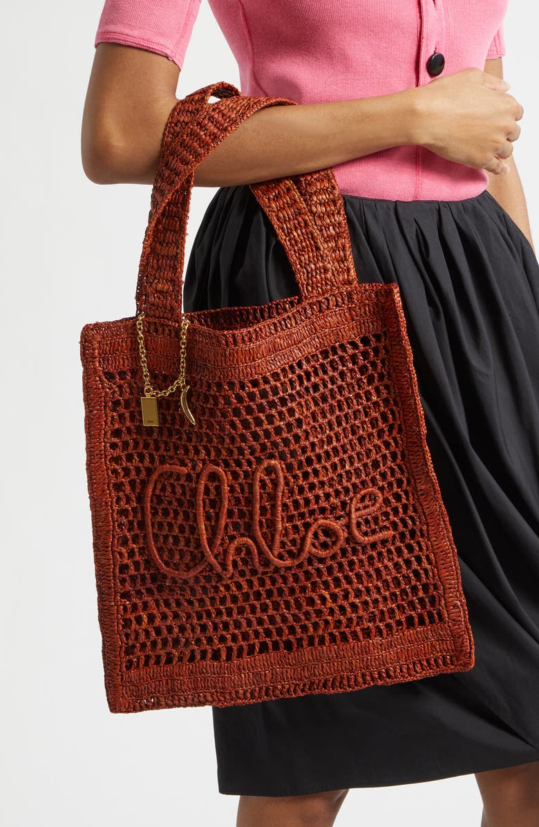 Chloé Summer Banana Crochet Raffia Tote Bag, Alternate, color, Clay Brown