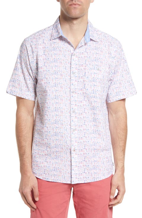 Nova Wave Last Call Print Short Sleeve Stretch Cotton Button-Up Shirt