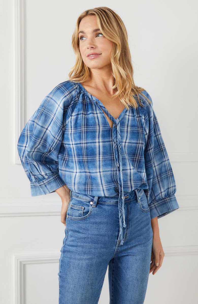Karen Kane Blouson Sleeve Plaid Peasant Top, Alternate, color,