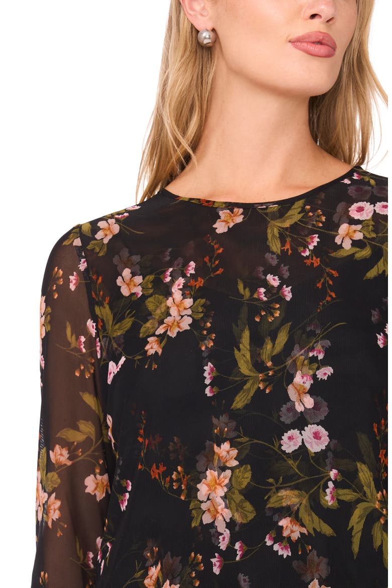 Floral Long Sleeve Mesh Top, Alternate, color, RICH BLACK