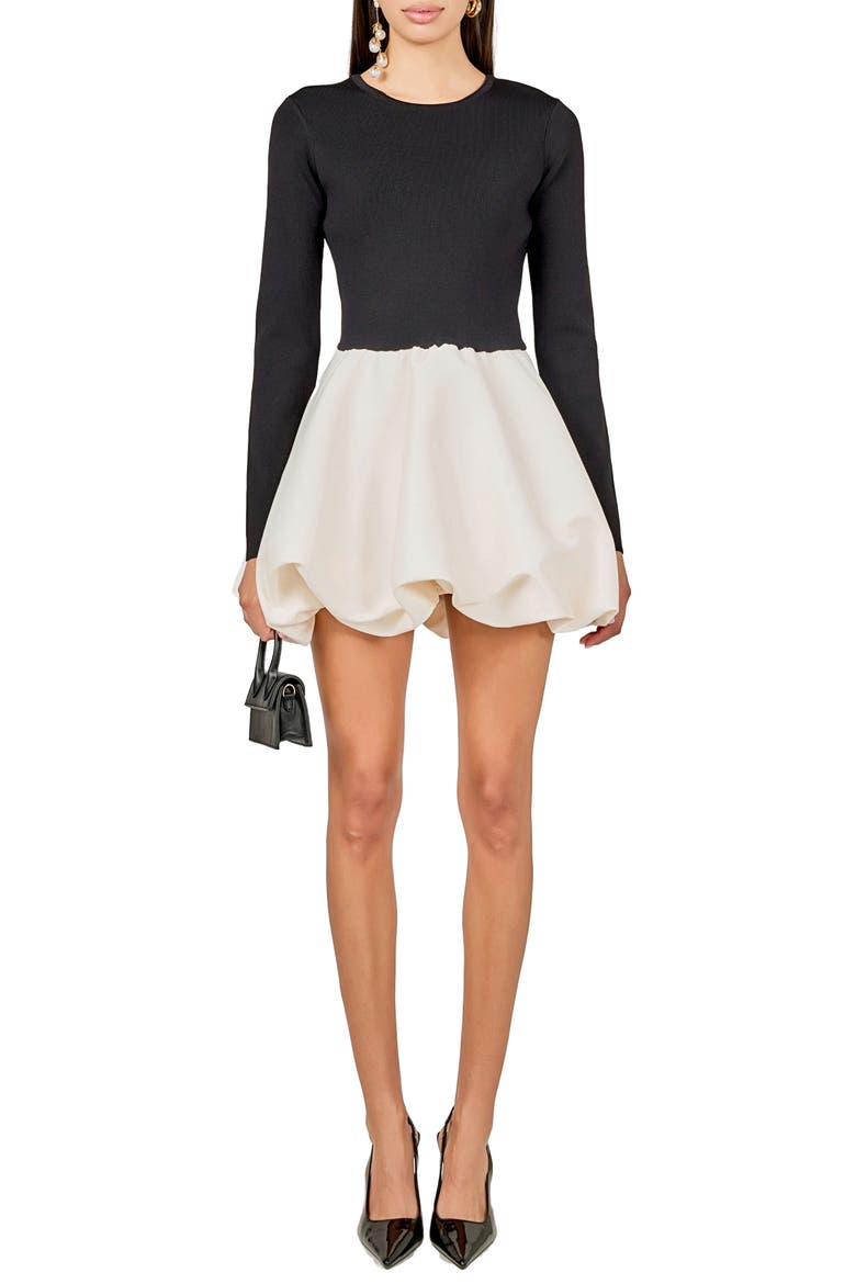 Mixed Media Long Sleeve Open Back Bubble Minidress, Main, color, BLACK/ IVORY