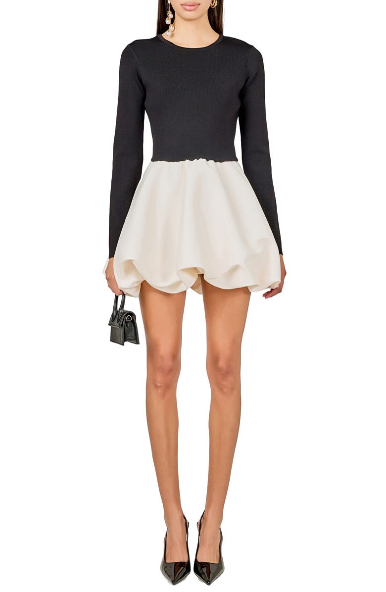 Endless Rose Mixed Media Long Sleeve Open Back Bubble Minidress, Main, color, Black/ Ivory