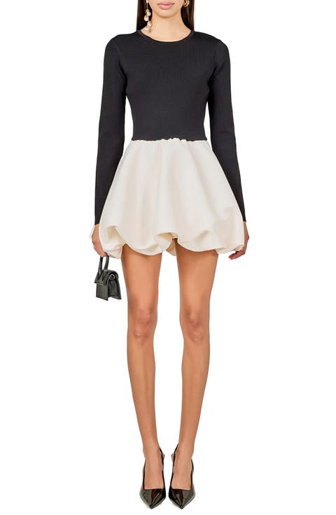 Mixed Media Long Sleeve Open Back Bubble Minidress