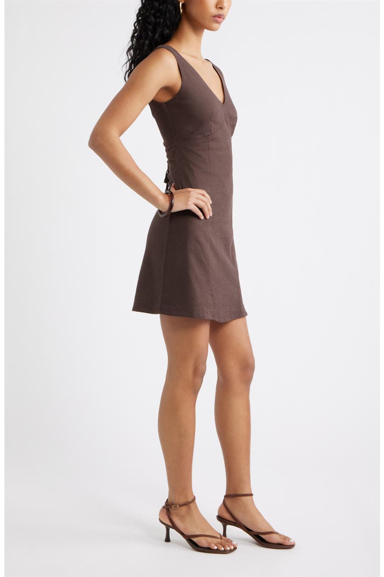 Tie Back Linen Blend Minidress, Alternate, color, BROWN SEAL