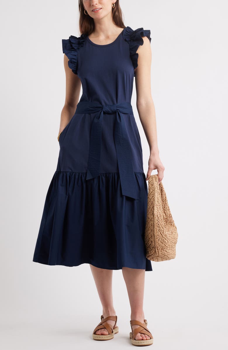 Caslon<sup>®</sup> Ruffle Tie Waist Mixed Media Dress, Alternate, color, Navy Blazer