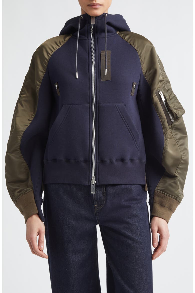 Sponge Sweat x Nylon Twill Full Zip Hoodie, Main, color, NAVY/ DARK KHAKI