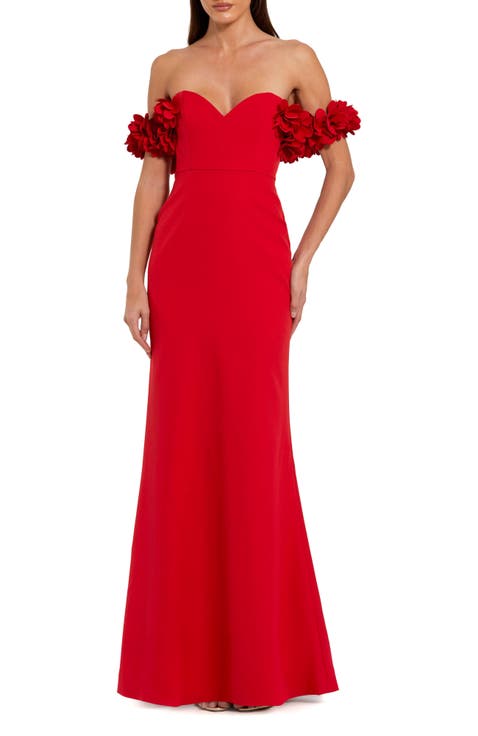 Crepe Off The Shoulder Gown With 3D Flowers