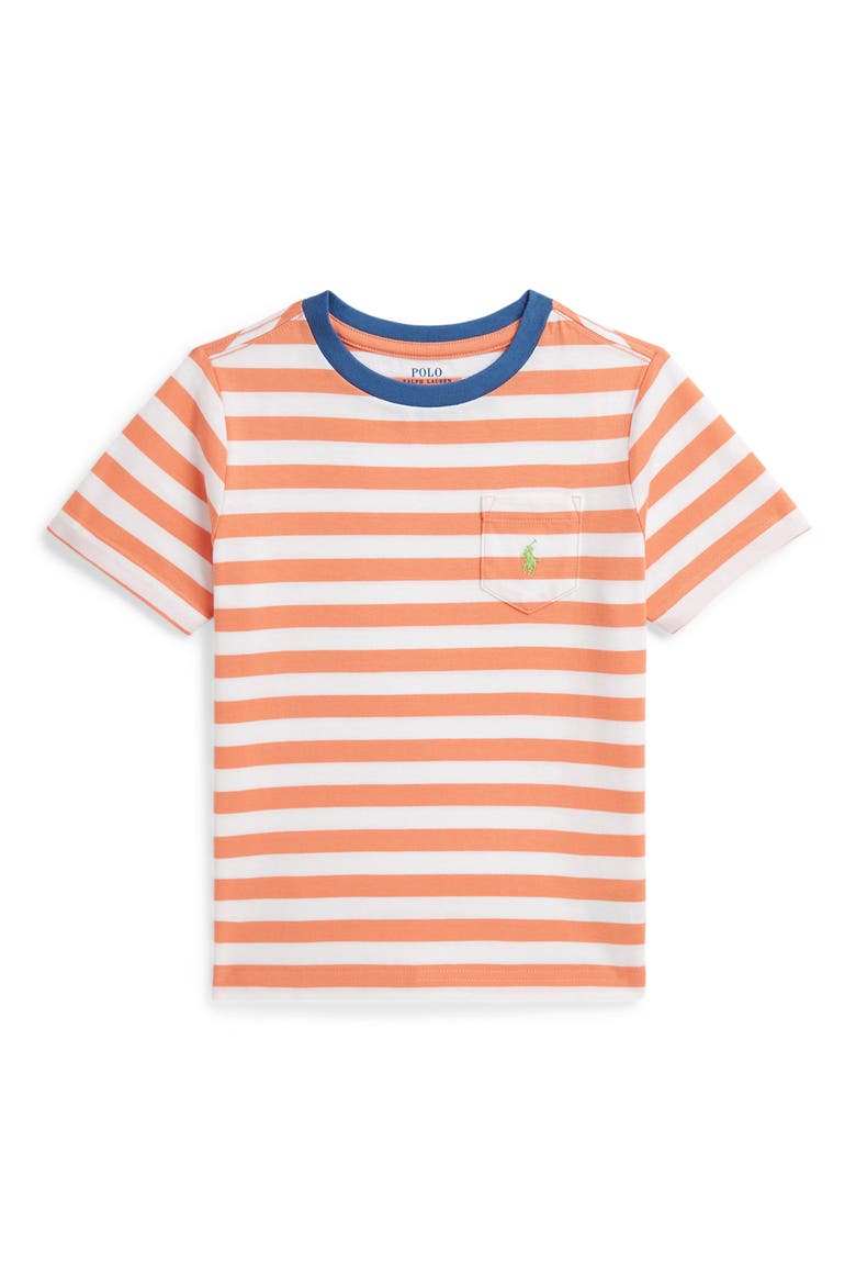 Kids' Stripe Cotton Pocket T-Shirt, Main, color, POPPY/ WHITE
