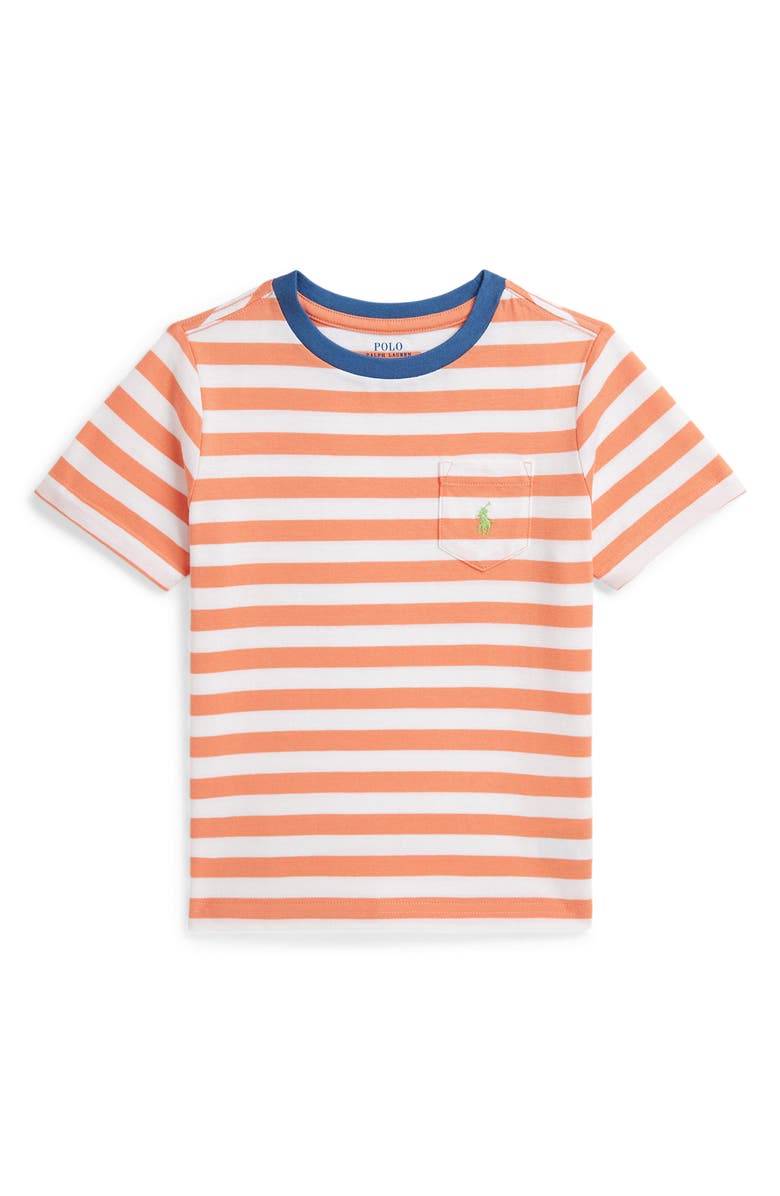 Polo Ralph Lauren Kids' Stripe Cotton Pocket T-Shirt, Main, color, Poppy/ White