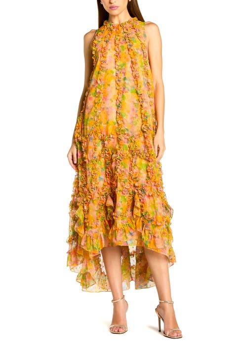 Sleeveless Floral Print Chiffon Micro Ruffle Gown